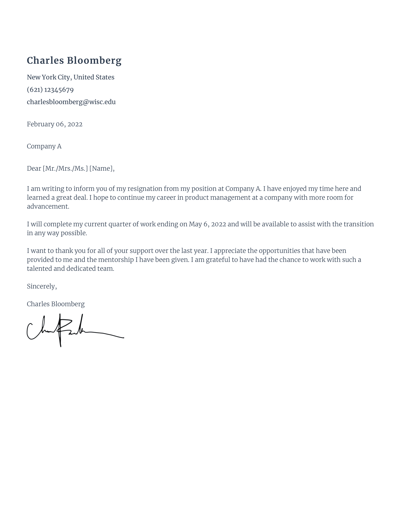 Simple Resignation Letter With Notice Period